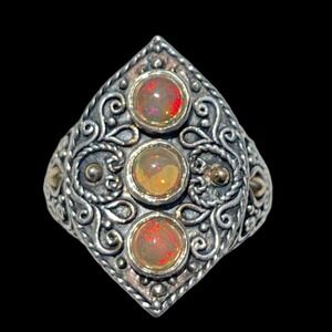 Vintage Fire Opal 18k Gold and Sterling Silver Ring - Size 9.5